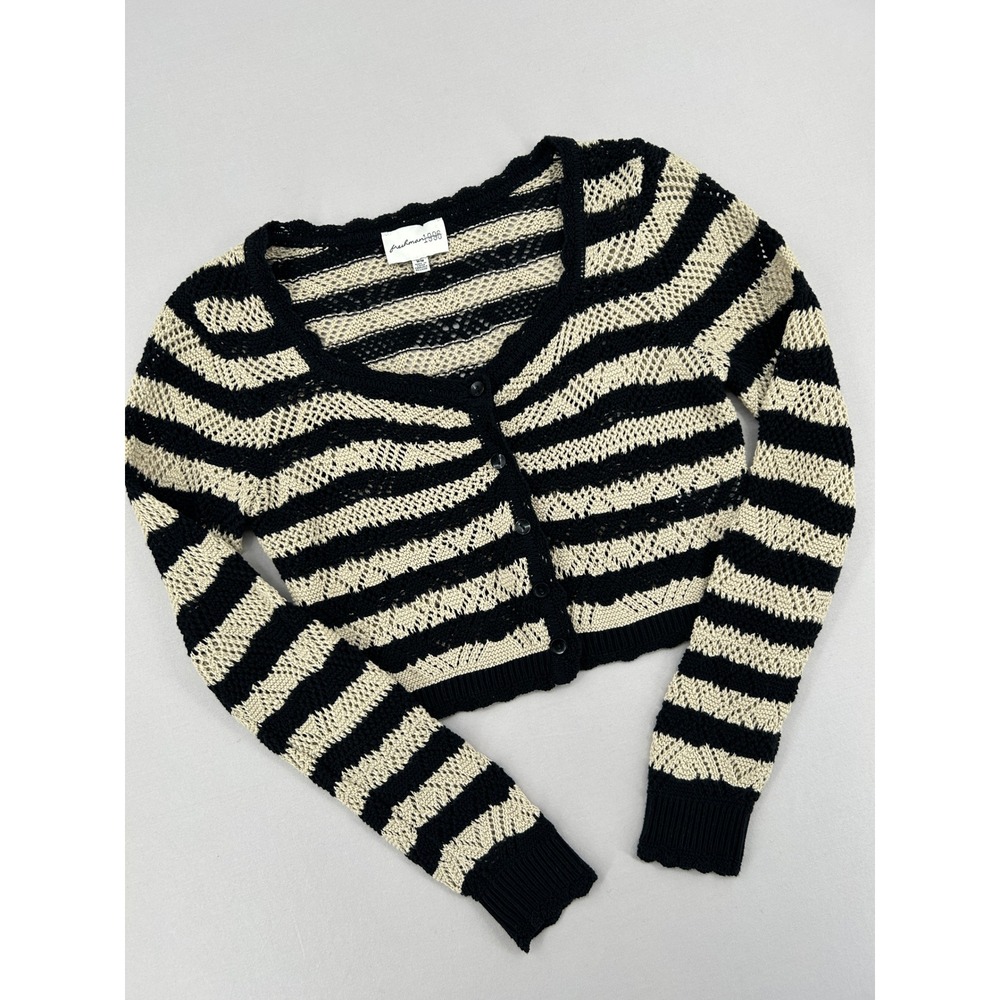 Freshman 1996 Striped Cropped Cardigan Black Cream Pointelle Knit Womens Medium